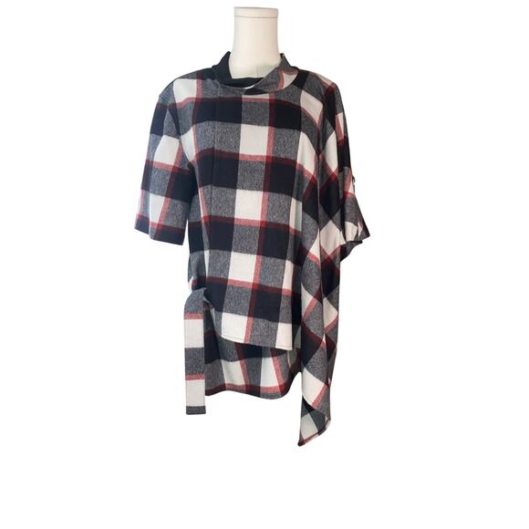 3.1 PHILLIP LIM Poncho Sweater Size 8 Wool Blend Plaid Black White Red - Picture 1 of 11